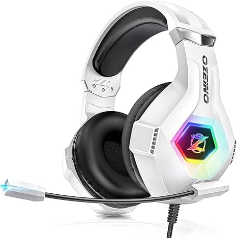 Ozeino Stereo Gaming Headset for PS4 PS5 PC Gaming Headphones with Deep Bass, Flexible Noise Cancelling Microphone, Soft Memory Earmuffs, LED Light for Switch, Laptop, Xbox One